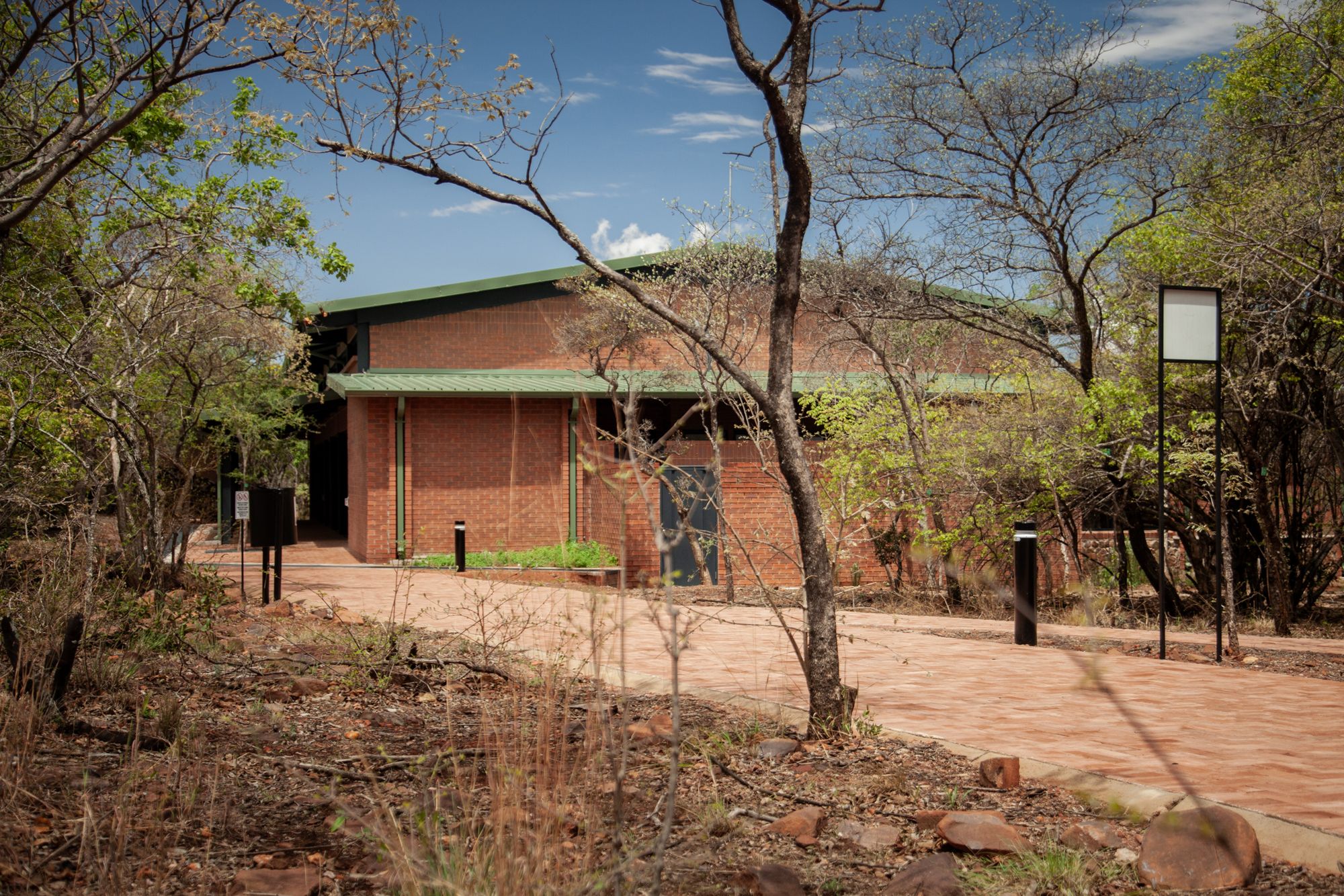 Face-brick hospital building set among indigenous bushveld trees, with a paved approach path.