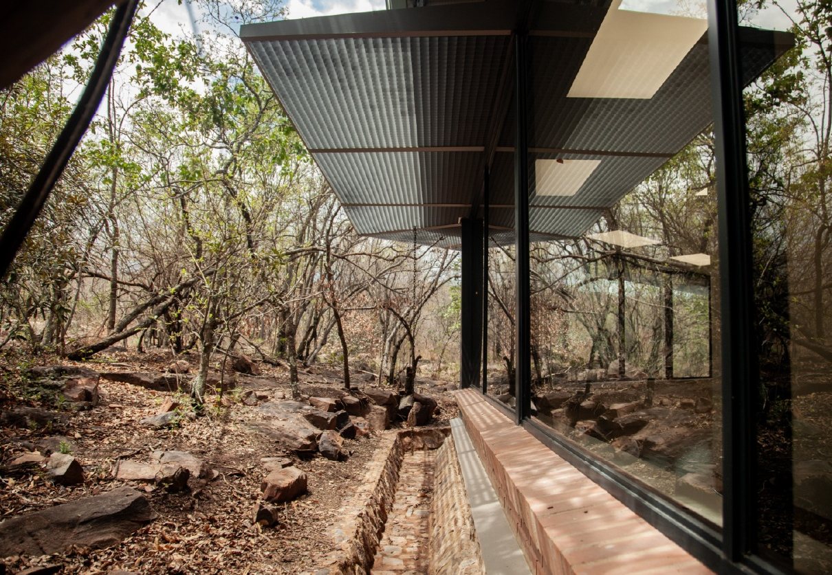 Glazed clinic wall with a deep roof canopy and a brick-paved water channel, set among indigenous bushveld trees and boulders.