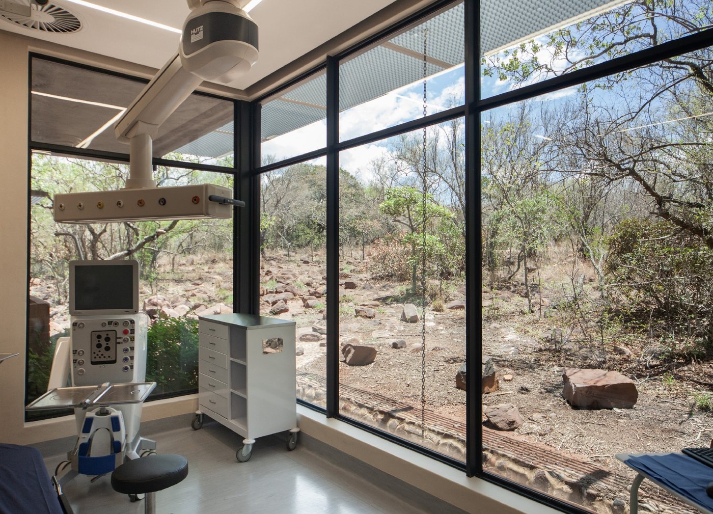 Treatment room with a ceiling-mounted pendant and full-height corner glazing looking onto boulders and trees.